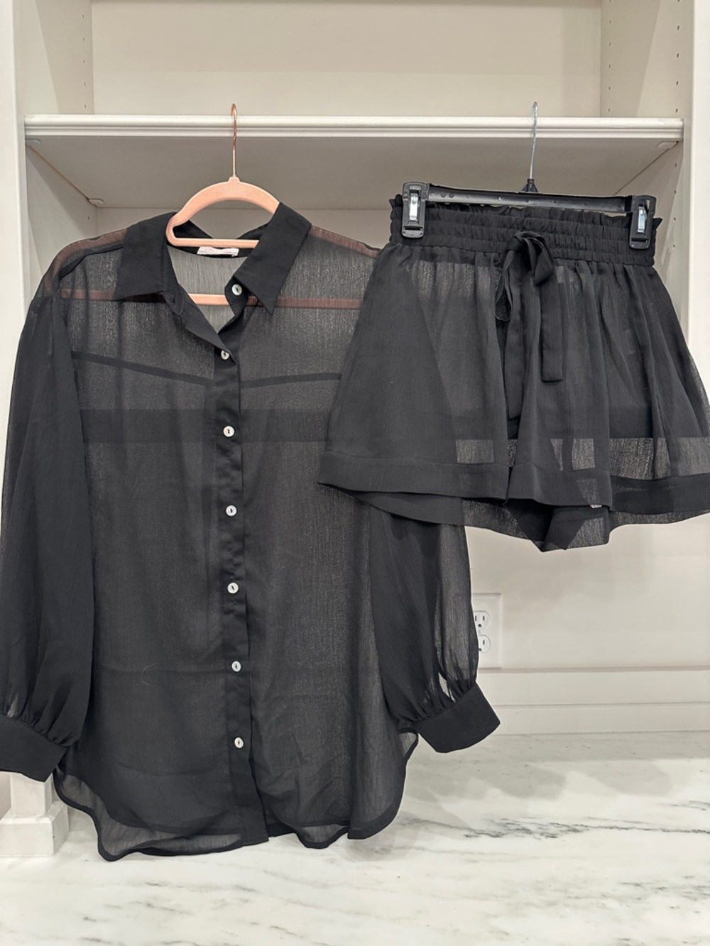 Pink Lily Black Sheer Button-Up Top with Black Layered Shorts